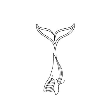 Büyük kuyruk logosu olan el çizilmiş balinanın vektör çizimi. Balina logosu