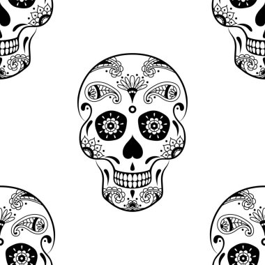 Beyaz arka planda karalama desenli siyah şeker kafatasının vektörsüz deseni. Meksika Ölüler Günü için boyama sayfası