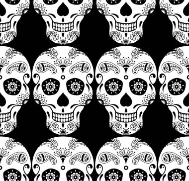 Siyah arka planda çiçekli beyaz şeker kafatası deseni var. Meksika Ölüler Günü için İllüstrasyon