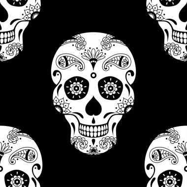 Siyah arka planda çiçekli beyaz şeker kafatası deseni var. Meksika Ölüler Günü için İllüstrasyon