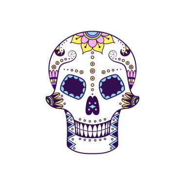 Karalama desenli renkli şeker kafatası. Meksika Ölü Kutlama Günü için bir illüstrasyon. Dia de Muertos şeker kafatası