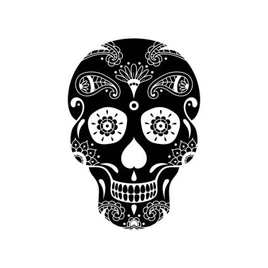 Beyaz arka planda karalama desenli siyah şeker kafatası. Ölüler Günü İllüstrasyonu