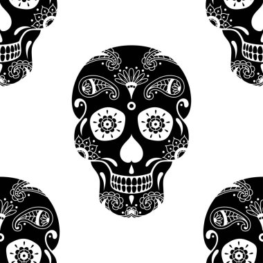 Beyaz arka planda çiçek desenli siyah şeker kafatasının vektörsüz deseni. Meksika Ölüler Günü için İllüstrasyon