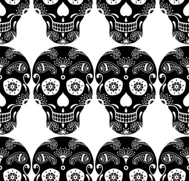 Beyaz arka planda karalama desenli siyah şeker kafatasının vektörsüz deseni. Meksika Ölüler Günü için İllüstrasyon