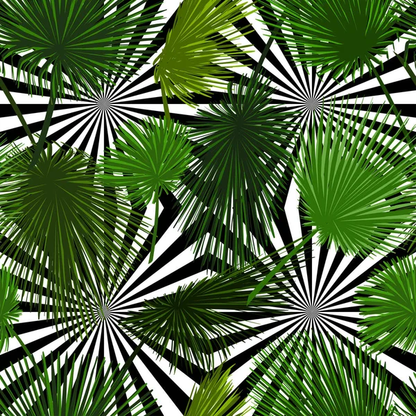Vektornahtloses Muster Aus Bunten Palmblättern Auf Abstraktem Schwarz Weißem Hintergrund — Stockvektor
