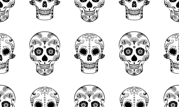 Beyaz arka planda karalama desenli siyah şeker kafatasının vektörsüz deseni. Meksika Ölüler Günü için boyama sayfası. Dia de Muertos şeker kafatası arka planı