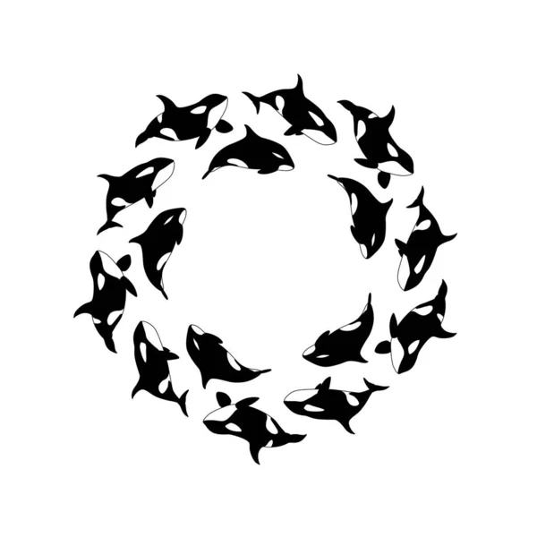 Vector Illustration Killer Whales Swimming Circle Marine Animal Frame White — Image vectorielle