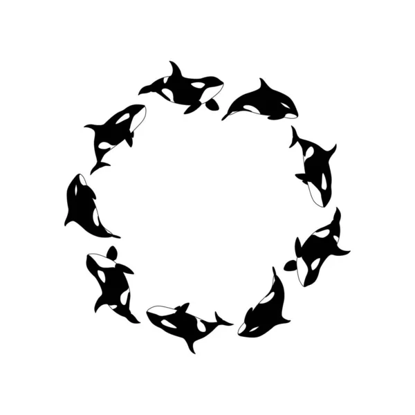 Vector Illustration Killer Whales Swimming Circle Marine Animal Orca Frame — Image vectorielle