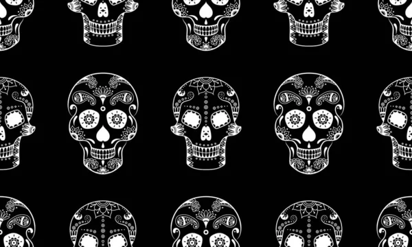Vector Seamless Pattern White Sugar Skull Doodle Floral Pattern Black — Stock Vector