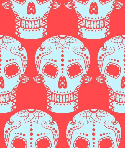 Vector Seamless Pattern Blue Sugar Skull Ethnic Ornament Pink Background — Stock Vector