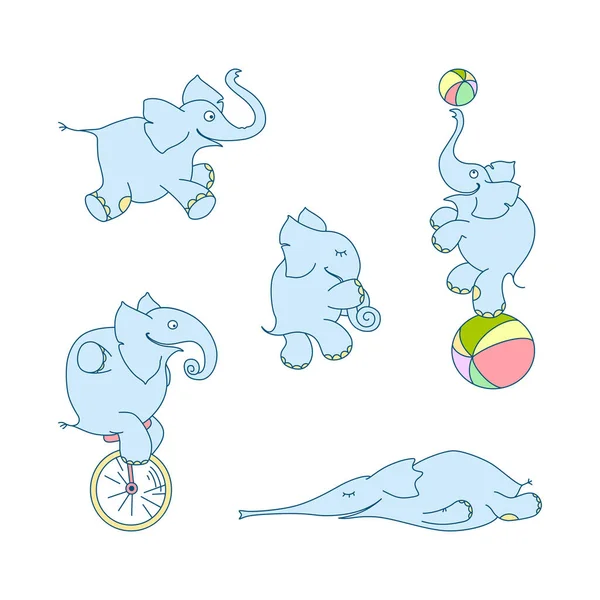 Ilustração Vetorial Conjunto Bonito Elefantes Desenhos Animados Malabarista Elefante Alegre — Vetor de Stock