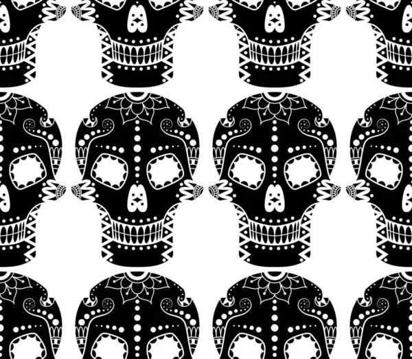 Vector Seamless Pattern Black Sugar Skull Floral Ethnic Ornament White — Archivo Imágenes Vectoriales