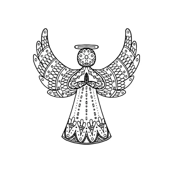 Vector illustration of freehand patterned angel silhouette. Christmas, New year coloring page book