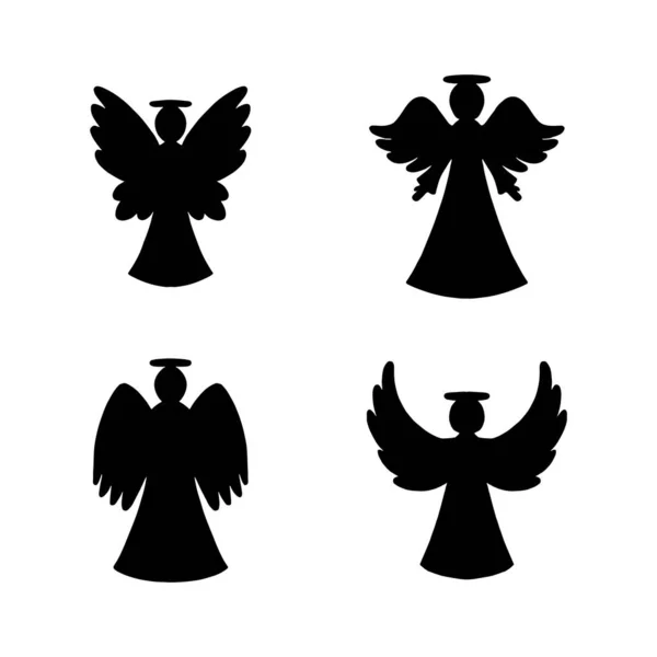 Vector Set Four Black Angels Silhouette White Background Silhouette New — Stok Vektör