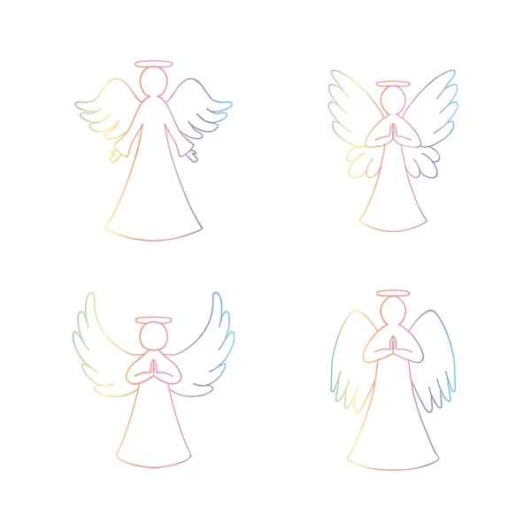 Vector Set Four Rainbow Angels Outline White Background Religion Decorative — Stok Vektör