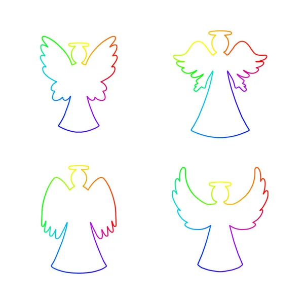 Vector Set Four Rainbow Line Art Angels White Background Religion — Stok Vektör