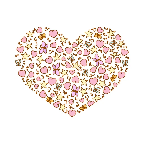 Vector Illustration Cartoon Heart Pink Heart Notes Stars Butterflies — Stok Vektör