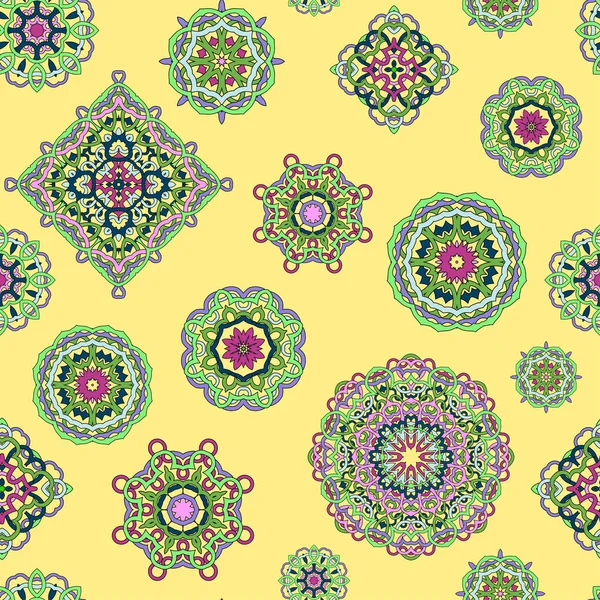 Vector Seamless Pattern Mandalas Yellow Background — Stok Vektör
