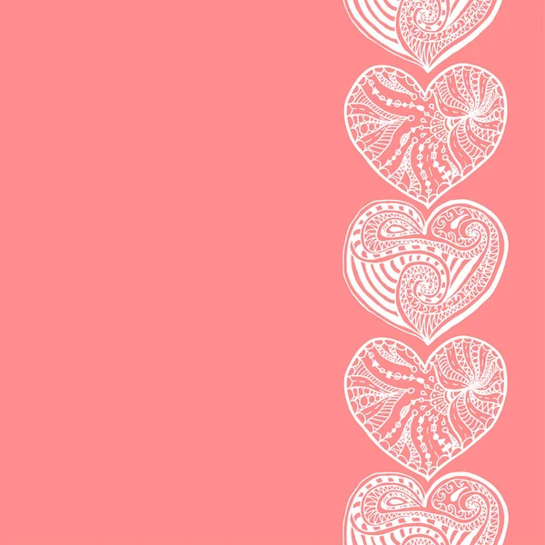 Vector Decorative Vertical Border White Hand Drawing Hearts Pink Backgorund — Stock vektor