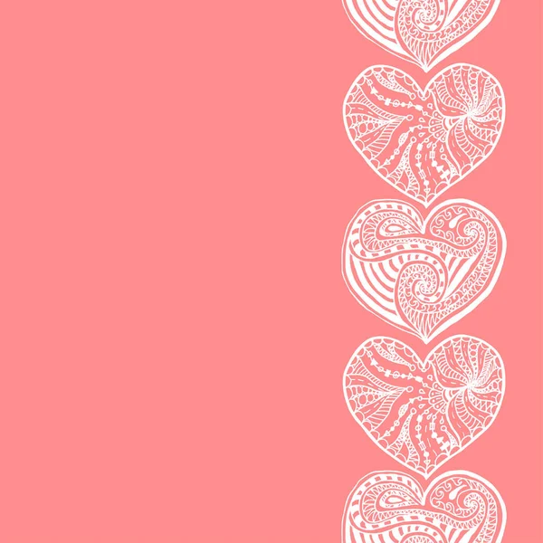 Vector Decorative Vertical Border White Hand Drawing Hearts Pink Backgorund — Vetor de Stock