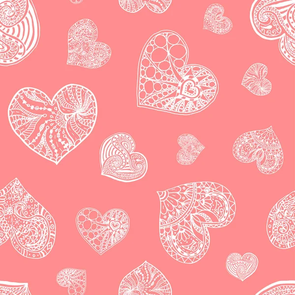 Vector Seamless Pattern Doodle Hand Drawn Heart White Hearts Pink — Stock Vector