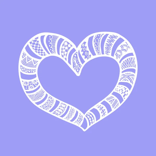Vector Illustration White Doodle Hand Drawn Heart Violet Background Card — Stock vektor