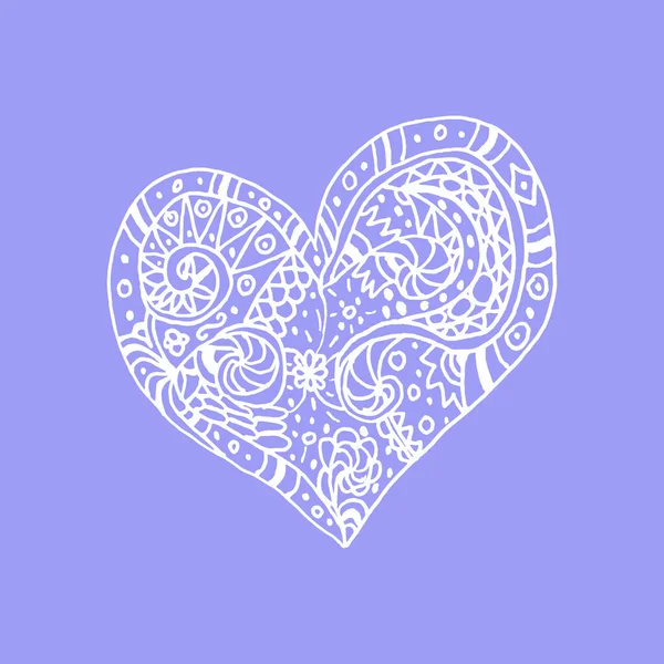 Vector Doodle Hand Drawn Heart White Heart Violet Background Card — Vetor de Stock