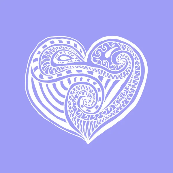 Vector Doodle Hand Drawn Heart White Heart Violet Background Card — Vetor de Stock