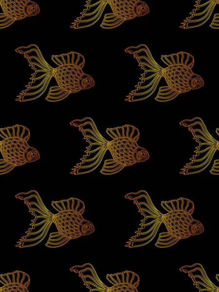 Vector Seamless Pattern Gradient Golden Gold Fish Black Background — Vetor de Stock