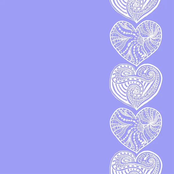 Vector Decorative Vertical Border White Hand Drawing Hearts Violet Background — Vetor de Stock
