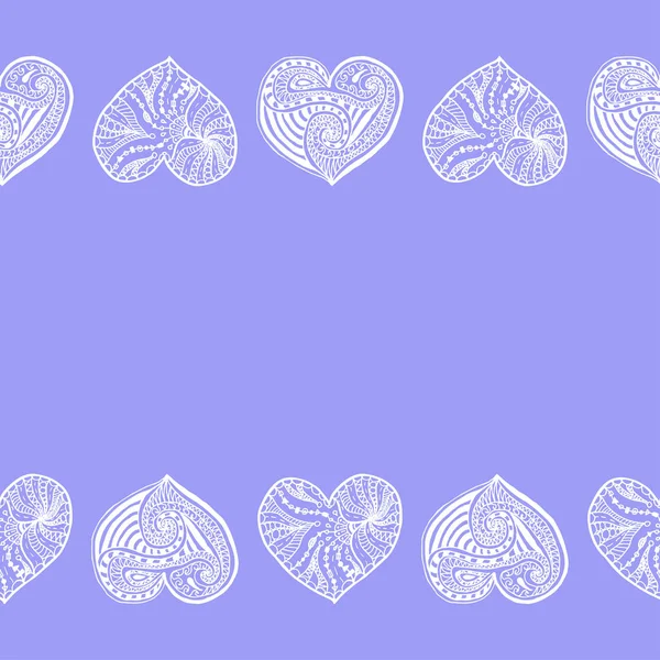 Vector Decorative Horizontal Border White Hand Drawing Hearts Violet Background — Stock Vector