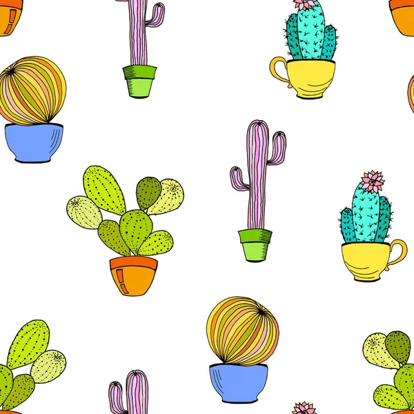 Vector Cacti Flower Background Seamless Pattern Cactus Pot Cartoon Hand — Stok Vektör