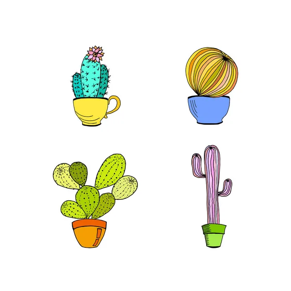 Vector Set Hand Drawn Cactus Pot Cartoon Cactus — Vetor de Stock