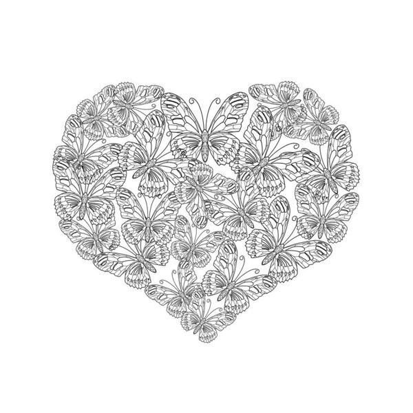 векторная иллюстрация формы сердца от черно-белой бабочки. Книга с раскраской на день Святого Валентина