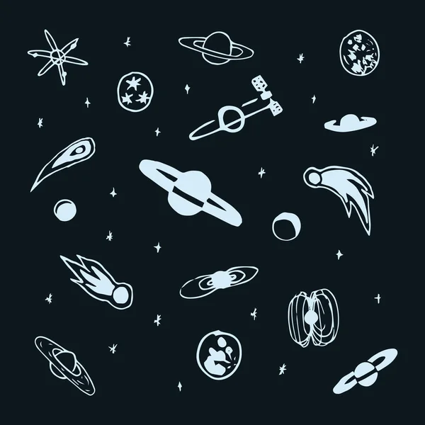 Vector Set Hand Drawn Doodle Cosmic Object Planet Comet Orbit —  Vetores de Stock