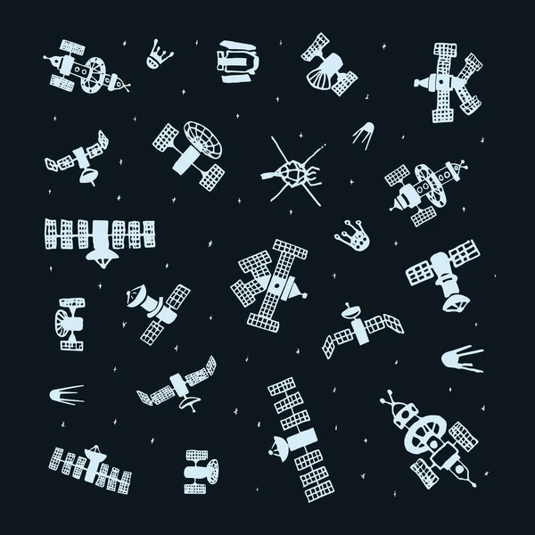 Vector Set Hand Painted Doodle Satellite — Vetor de Stock