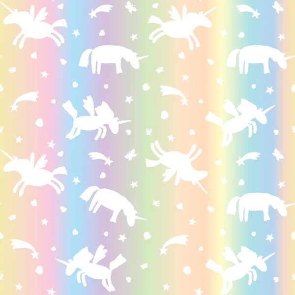 Vector Illustration Seamless Pattern White Unicorns Silhouette Pastel Gradient Background — ストックベクタ