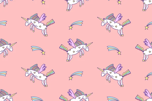 Vector Illustration Seamless Pattern Cute Unicorns Pink Background Cartoon Pegasus - Stok Vektor