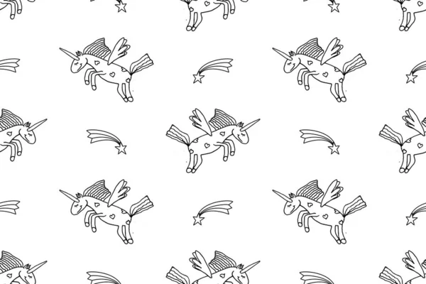 Vector Illustration Seamless Pattern Cute Unicorns Children Coloring Page Book — Διανυσματικό Αρχείο