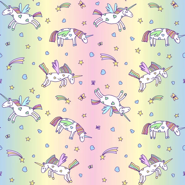 Vector Illustration Seamless Pattern Cute Unicorns Pastel Rainbow Background Cartoon - Stok Vektor