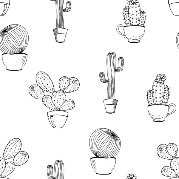 Vector Cactus Flower Background Seamless Pattern Cactus Pot Cartoon Hand — Stock vektor