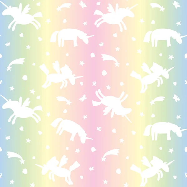 Vector Illustration Seamless Pattern White Unicorns Silhouette Rainbow Background Cartoon — Vetor de Stock