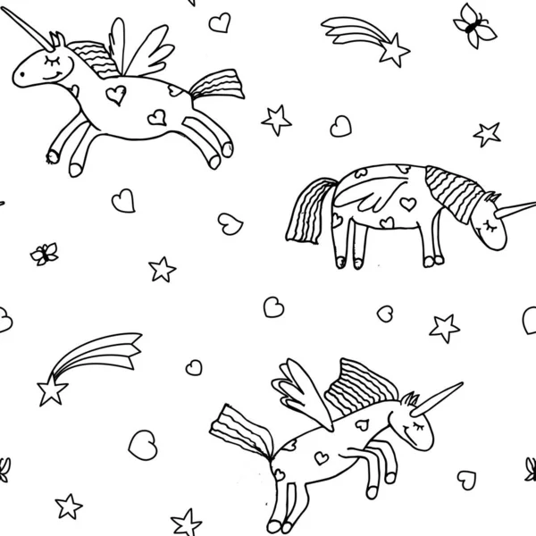 Vector Illustration Seamless Pattern Cartoon Unicorns Coloring Page Book Children — Archivo Imágenes Vectoriales