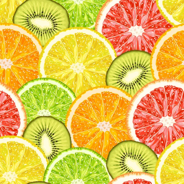 Vector Seamless Pattern Exotic Tropical Fruits Slices Lemon Grapefruit Orange — Vetor de Stock