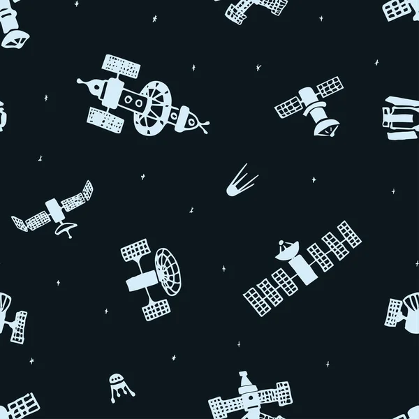 Vector Seamless Hand Drawn Space Background Space Satellite Star Doodle — ストックベクタ