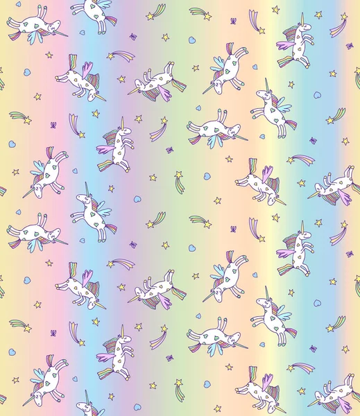 Vector illustration of seamless pattern from unicorns on pastel rainbow background. Unicorn texture