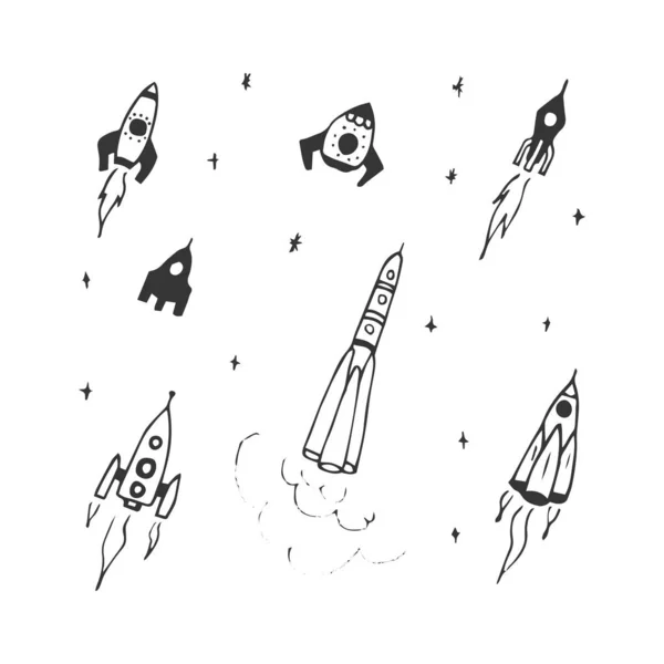 Vector Set Hand Drawn Doodle Rocket Icon Rocket Silhouette Icon — Stock Vector