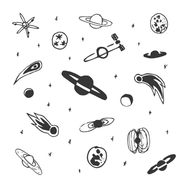 Vector Set Hand Drawn Space Object Planet Comet Moon Star — Stock Vector