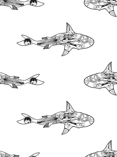 Vector Seamless Pattern Zentangle Shark White Background Coloring Page Book — Vetor de Stock