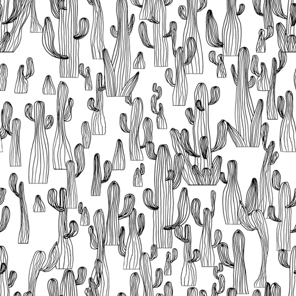 Vector Seamless Cactus Pattern Saguaro Cactus Sketch Cactus Background Coloring — Stockový vektor